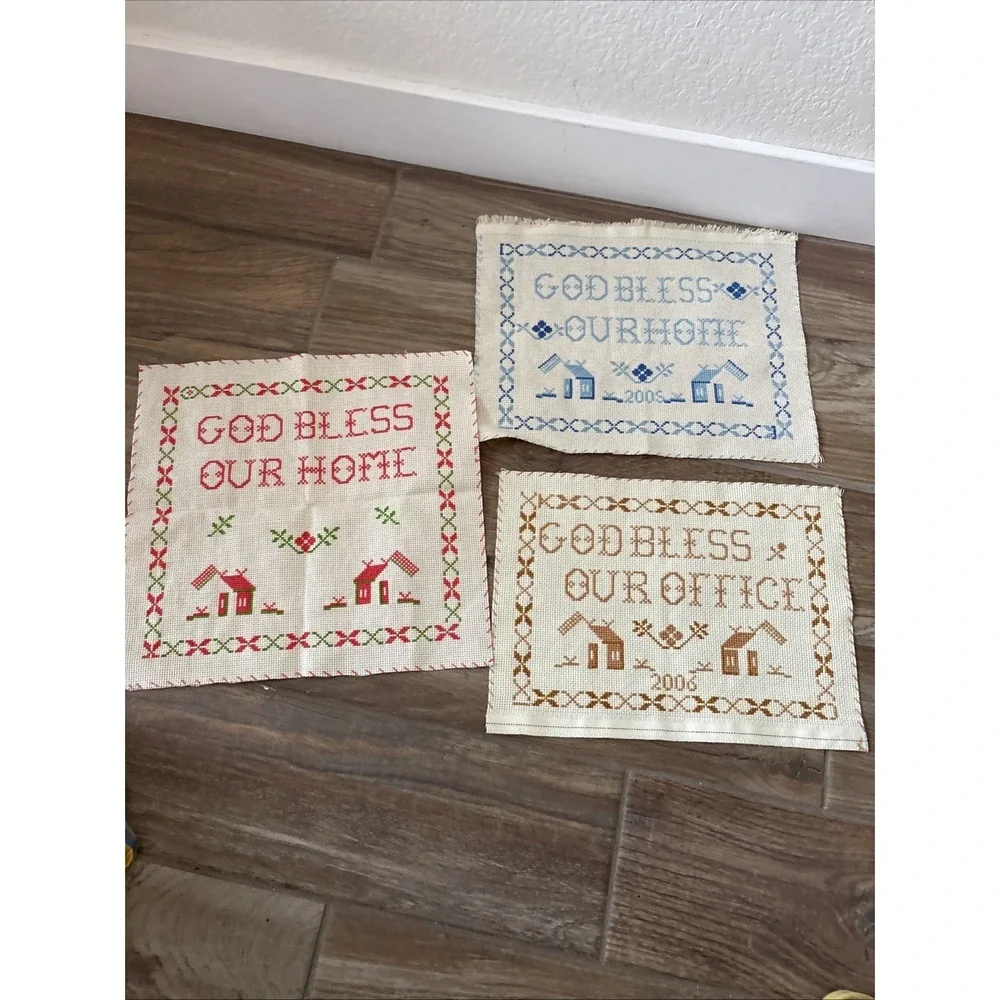 Lot‎ Of 3 Antique cross stitch samplers God Bless Our Home/office Homemade